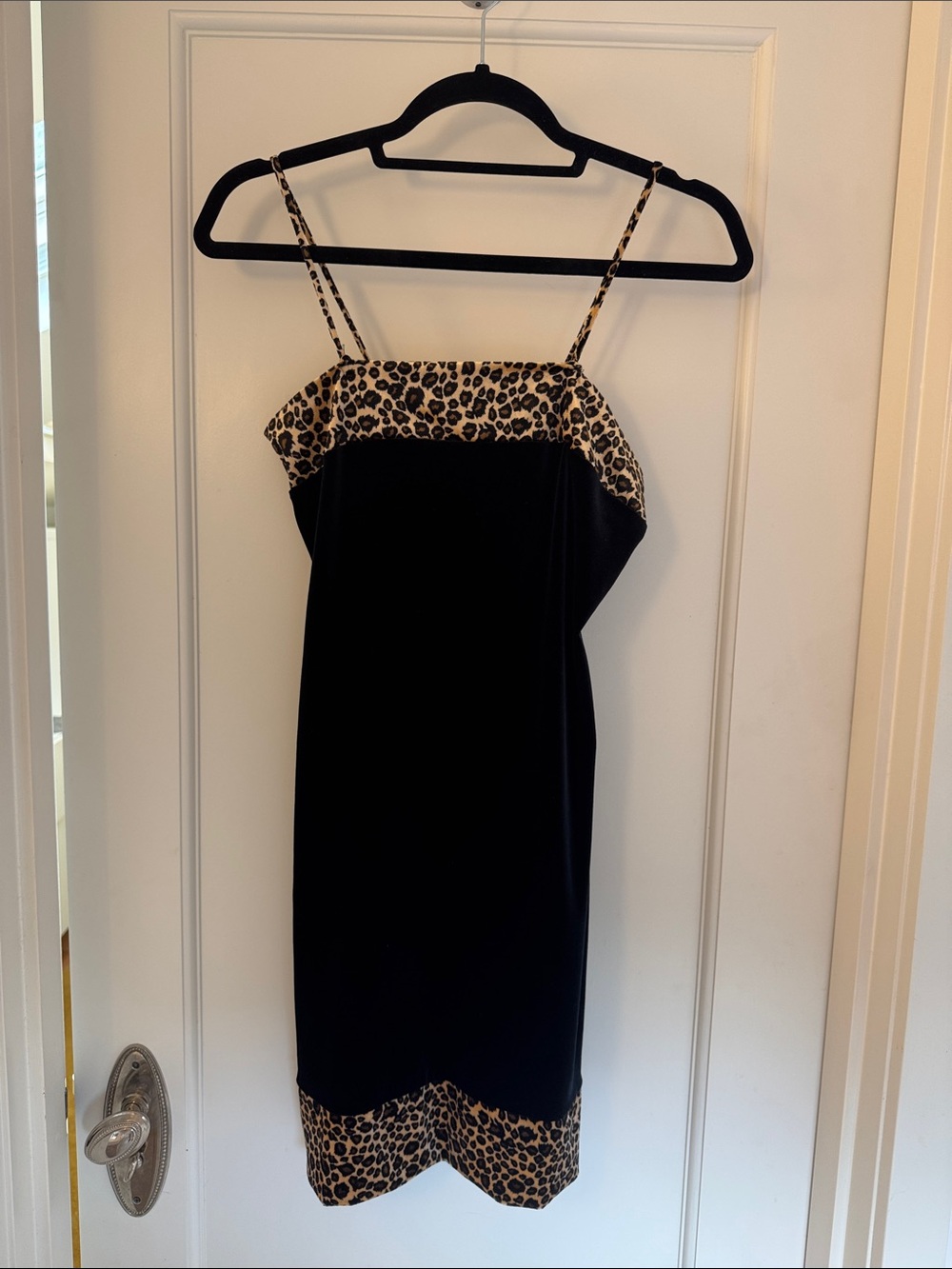 Vintage Napoli 90s/Y2K Black Velvet Leopard Trim Spaghetti Strap Dress